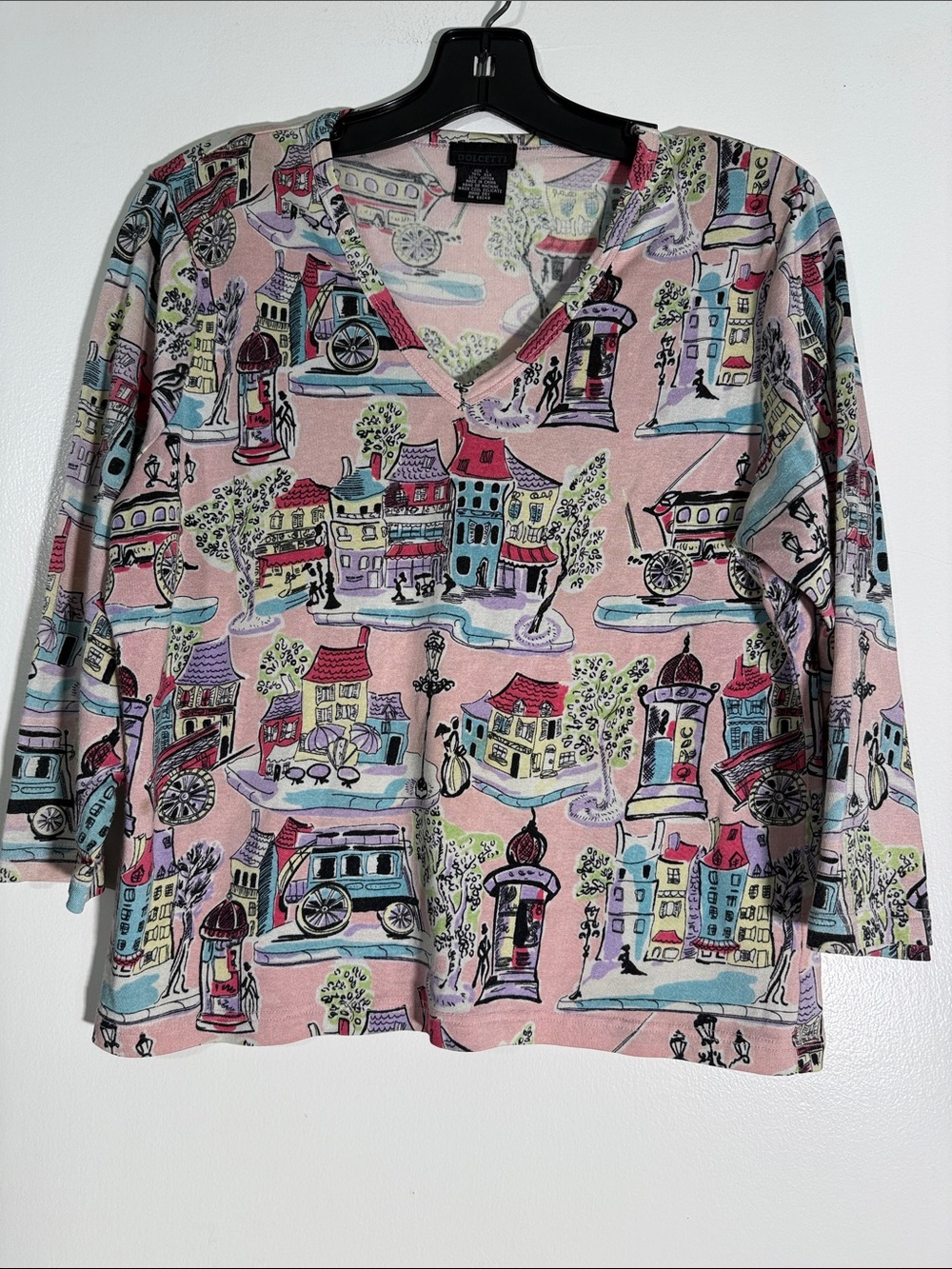 Juniors L Pink V-Neck Long Sleeve Printed Top